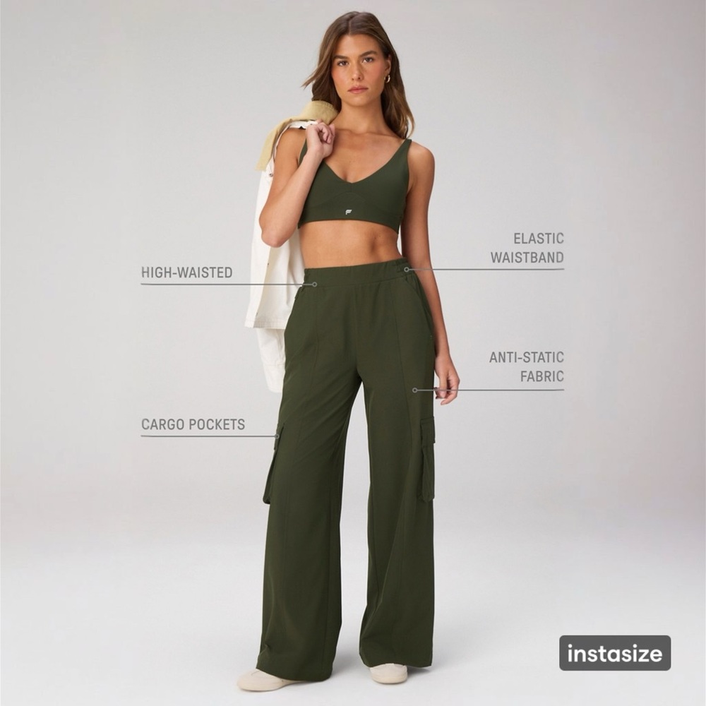 Fabletics Downtown Cargo Pants Dark Olive Wide Leg - Picture 2 of 12